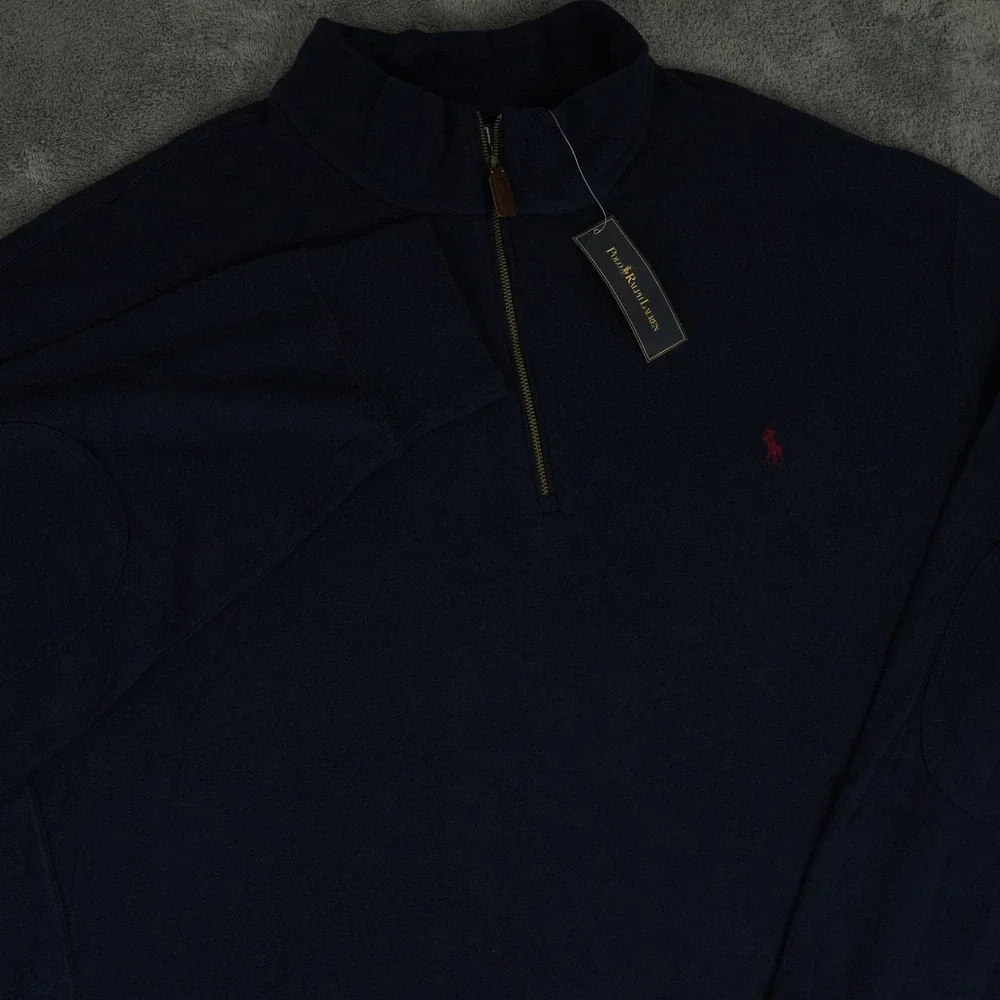 Polo Ralph Lauren Pullover Sweater Mens 3XLT Navy Blue 1/4 Zip Elbow Patch NWT